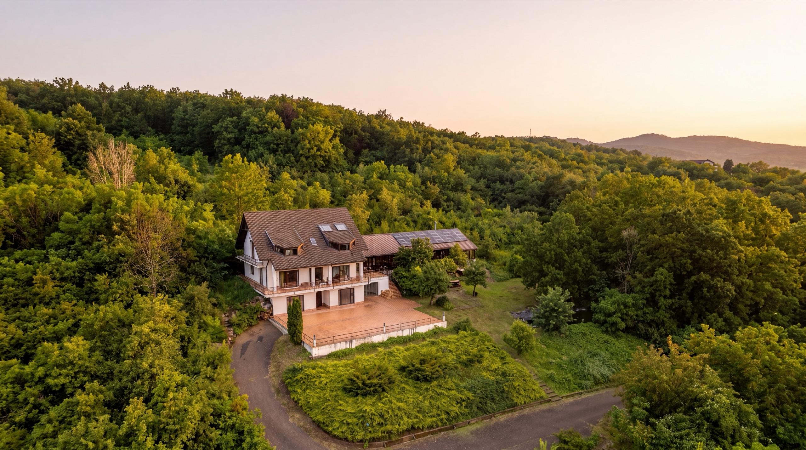 Proprietatea Hidden Hills văzută din dronă, pe dealul de la liziera pădurii din Țipărești, Prahova