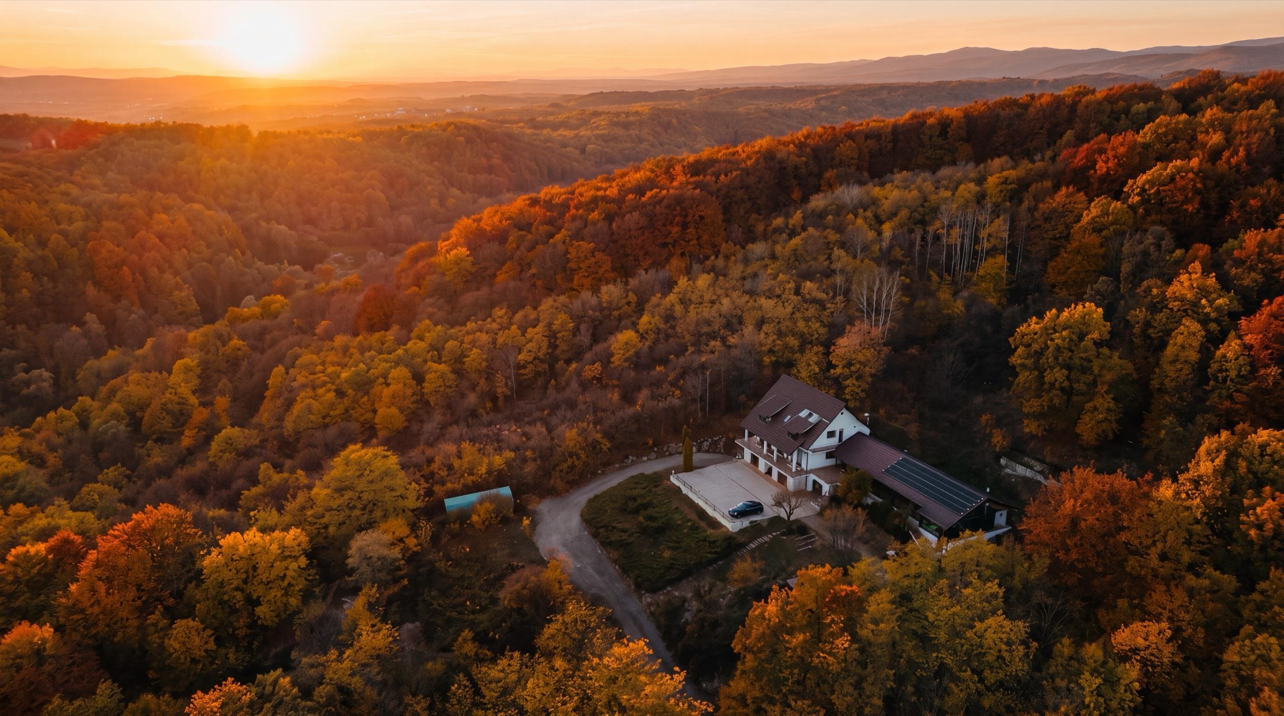 Proprietatea Hidden Hills văzută din dronă, singură pe deal, înconjurată de pădurea în culorile toamnei, cu soarele jos la orizont și dealurile Prahovei în depărtare